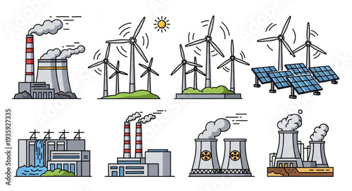 Collection of renewable and traditional energy power plants.