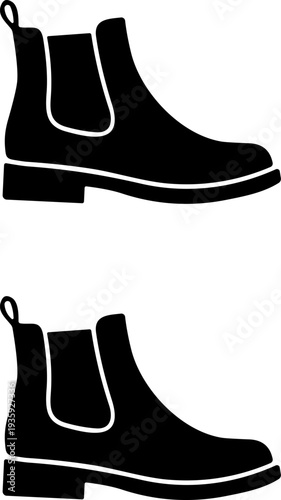 Chelsea boots silhouette vector illustration, two black icons showing ankle footwear design with elastic panels, loop, and low heel