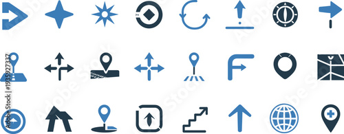 Navigation icons, location pins, directional arrows, GPS mapping, compass symbols, travel orientation, movement indicators, user interface design, positioning, guidance tools