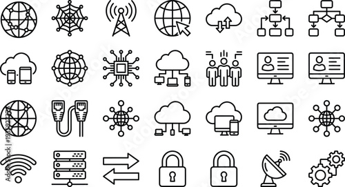 Network infrastructure icon set, cloud computing, cybersecurity visuals, data transfer symbols, internet connectivity, digital communication, system architecture, minimal design
