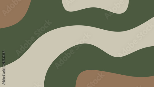 Abstract army green and brown fluid wave background. Modern flat design camouflage pattern illustration. Flat vector olive green and khaki liquid curves. Organic patterns in natural colors.