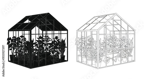 Two greenhouse illustrations one dark one light filled with plants