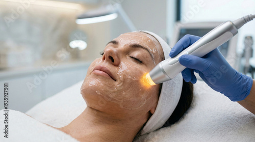 Close-up of a woman receiving a facial skin rejuvenation treatment with a modern cosmetic device in a beauty clinic, professional aesthetic procedure and skincare