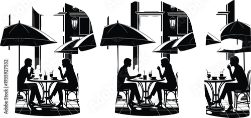 Romantic couple dining outdoor cafe restaurant date night people conversation table umbrella city street silhouette vector illustration set