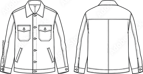 denim jacket technical drawing, front and back view, fashion flat sketch, trucker jacket outline, apparel design template clothing vector illustration