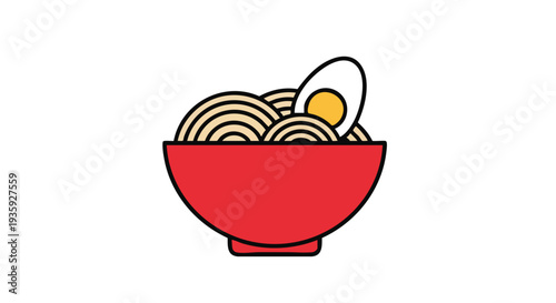 Red Bowl of Ramen Noodles with Boiled Egg Vector Illustration