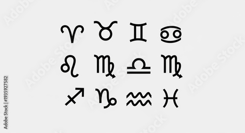 Collection of twelve zodiac astrological symbols arranged in a grid.