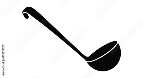 A black silhouette of a traditional kitchen ladle on a white background