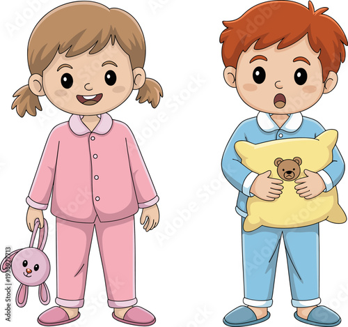 Cute kids bedtime characters wearing pajamas holding teddy bear and bunny toy, happy children night routine, flat vector illustration
