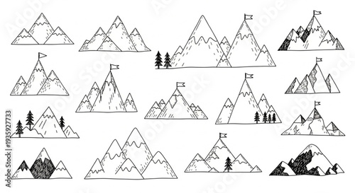 Hand Drawn Mountain Peaks Collection Sketch Style.