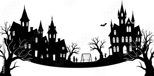 Haunted house silhouette icon set vector illustration featuring spooky Halloween designs with bats, trees, playground, and eerie atmosphere