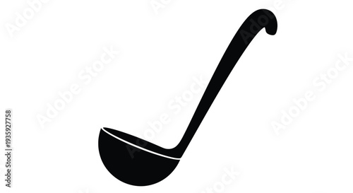 Simple black silhouette of a kitchen ladle against a white background