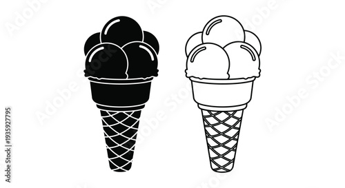 Two ice cream cones presented in contrasting black and white tones
