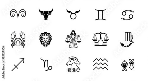 Collection of twelve zodiac signs and constellations symbols.