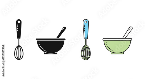 Stylized kitchen utensils a whisk mixing bowls and a spatula