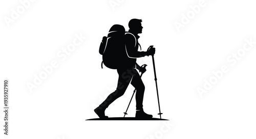 Silhouette of a hiker with backpack and trekking poles on white background