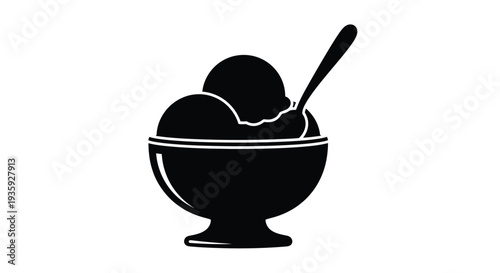 Black silhouette of two scoops of ice cream in a bowl with a spoon