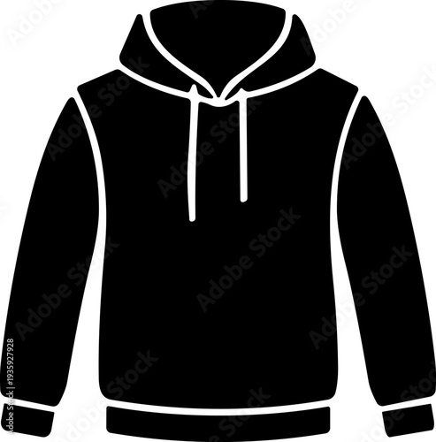 Hooded sweatshirt silhouette icon vector illustration featuring drawstring hood, front pocket, cuffs, and waistband for casual fashion motifs