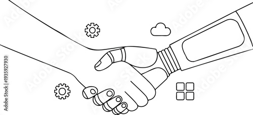 Human hand shaking robot hand outline, partnership between technology and people, artificial intelligence concept