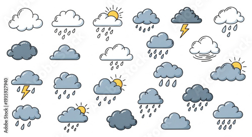 Collection of Weather Icons Featuring Clouds Rain Sun and Lightning.