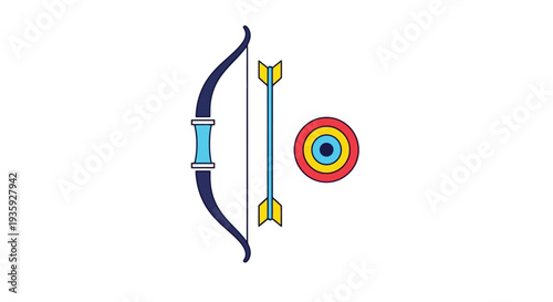 Illustration of a recurve bow arrow and target with concentric rings