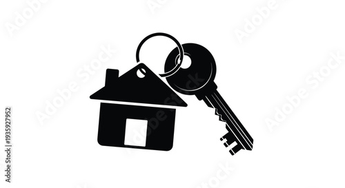 Black silhouette of a house shaped key with a key ring