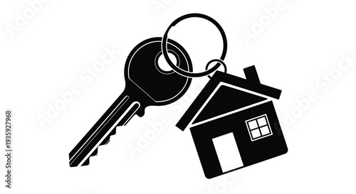 A black and white illustration of a house shaped charm attached to a key