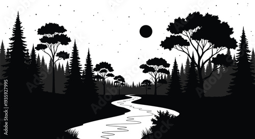 Silhouetted forest landscape with winding river and a full moon