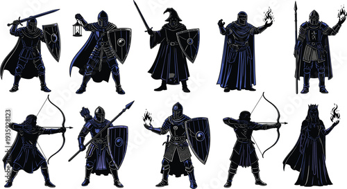 Fantasy warrior silhouette set featuring knight archer wizard and king characters with swords bows shields and magic for game design assets,