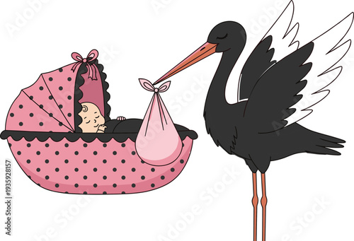 Stork delivering baby illustration, newborn announcement vector art, pink bassinet design, childcare graphic icon, whimsical folklore artwork collection