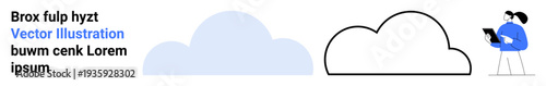 Cloud computing, digital data, remote work, online services, business solutions, technology concepts. Stylized clouds and a character holding a tablet. Cloud computing and digital data concepts