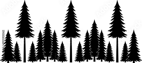 Pine forest silhouette icon set vector illustration featuring layered evergreen trees in dense symmetrical nature-inspired landscape motifs