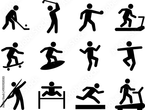 Sports silhouette icon set vector illustration featuring 12 diverse designs with athletics, fitness, and recreational activity motifs