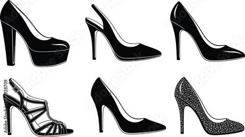 High heel shoe illustration, stiletto design vector, platform fashion art, strappy sandal style, glitter footwear graphic, women apparel collection