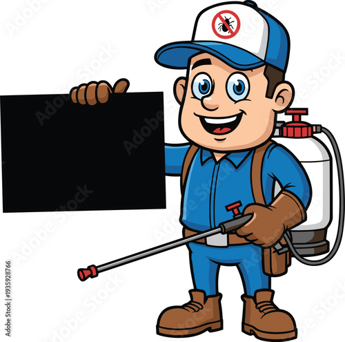 Pest control worker cartoon, exterminator character illustration, spraying pesticide vector art, insect removal design, professional service mascot graphic icon