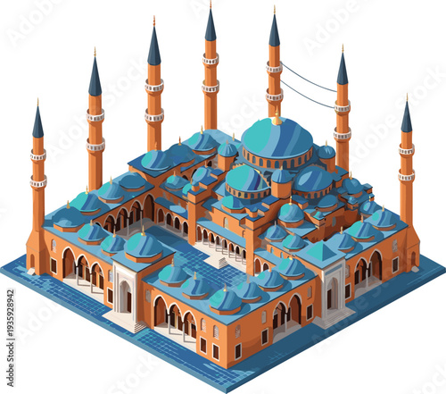Isometric mosque illustration, Ottoman architecture design, Islamic domes and minarets, cultural heritage art, religious building vector, landmark graphic icon
