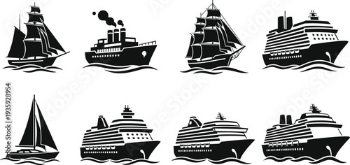 Ships and boats collection sailing ship cargo vessel cruise liner yacht maritime transport sea travel silhouette vector illustration