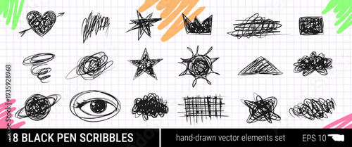 Expressive pen scribbles and scratchy freehand doodles with a pencil-drawn circle on a checkered paper background. Minimal grunge texture with a hand-drawn border and isolated color accents.