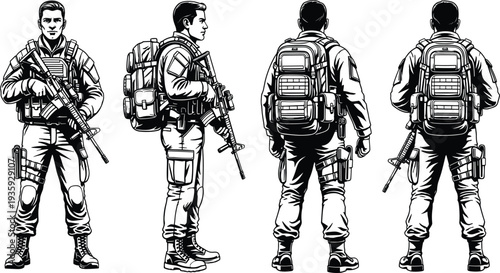 modern soldier tactical gear illustration set, armed military man with backpack and rifle, army character vector drawing