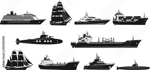 Ships and boats silhouette collection cargo ship yacht submarine sailing vessel cruise liner maritime transport vector illustration set