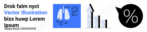 Business growth, medical analysis, health data, financial statistics, research documentation, information visualization. Medical lung graphic, bar chart and percentage symbol. Business growth