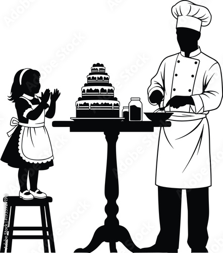 Silhouette of professional chef in uniform decorating tiered cake on table with little girl in apron standing on stool watching