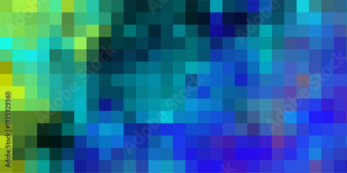 Vibrant Pixelated Mosaic Background with a Smooth Gradient Transition from Bright Yellow and Teal to Deep Blue and Purple for Digital Art and Web Design
