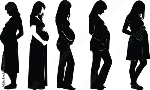 pregnant woman silhouette stages set, maternity body changes progression, expecting mother profile collection, pregnancy vector illustration concept