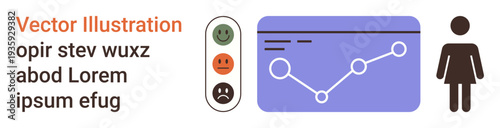 Data analytics, user feedback, gender studies, visual , user satisfaction, performance tracking. Chart with data points and emotions next to a gender icon. Data analytics and user feedback concept