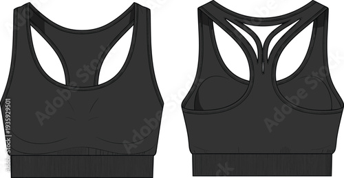 sports bra technical drawing, front and back view, women activewear fashion flat sketch, athletic bra apparel vector template
