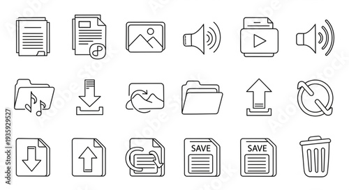 Set of simple line art icons for digital files and actions.