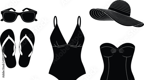 Summer beach accessories collection sunglasses flip flops swimsuit corset sun hat women fashion vacation essentials silhouette vector illustration set