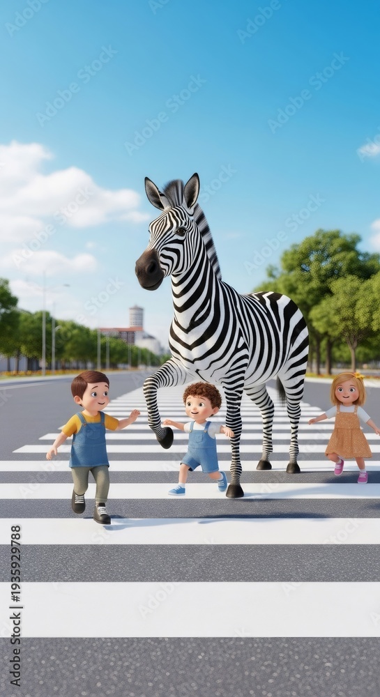 Fototapeta premium Three kids and a zebra walking on crosswalk, for road safety education concept. Traffic rules illustration for children.