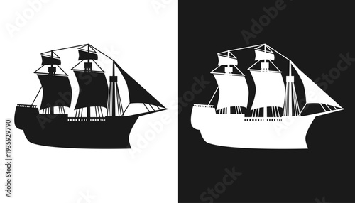 Classic Sailing Ship Silhouette Set, Vintage Galleon or Caravel Icon